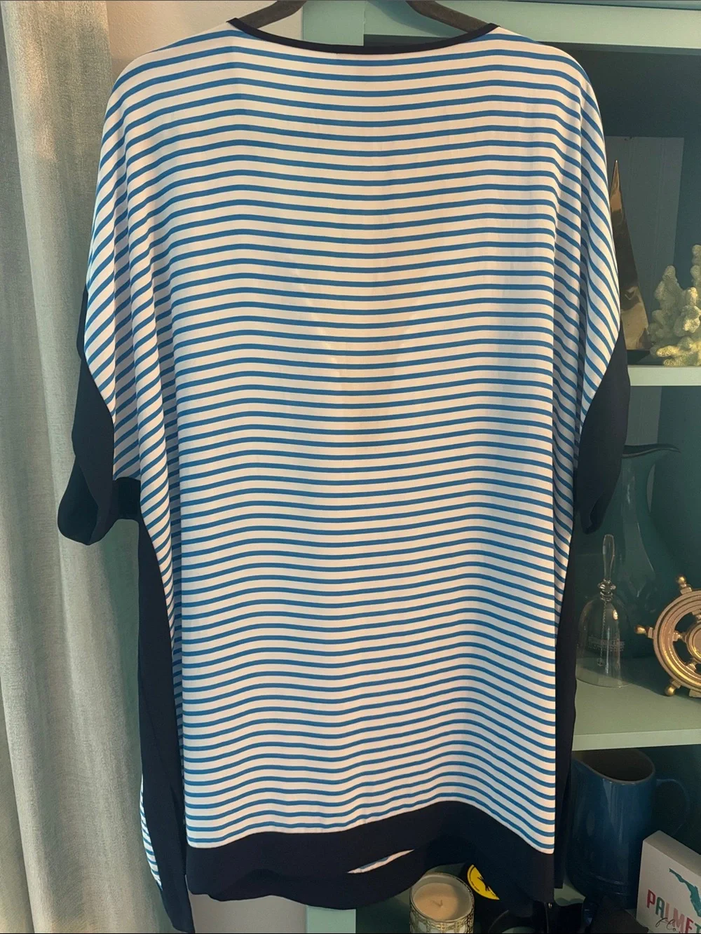 J. Crew Blue & White Striped Cover Up with Navy Trim XL EUC